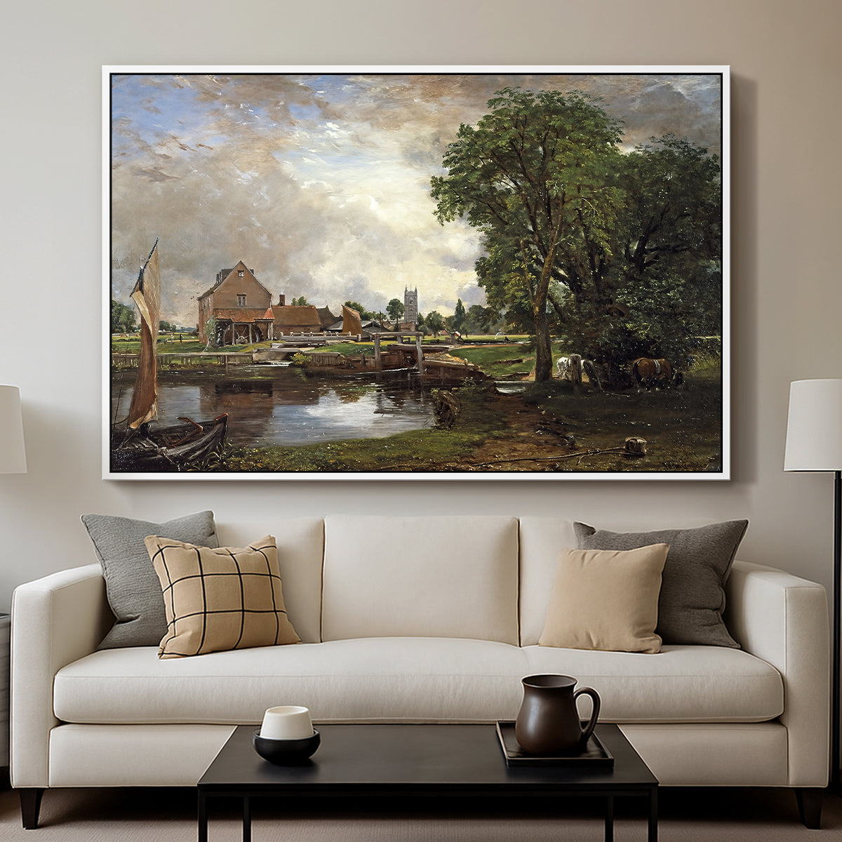 Dedham Lock and Mill, c. 1820 - Floater Framed Canvas Print