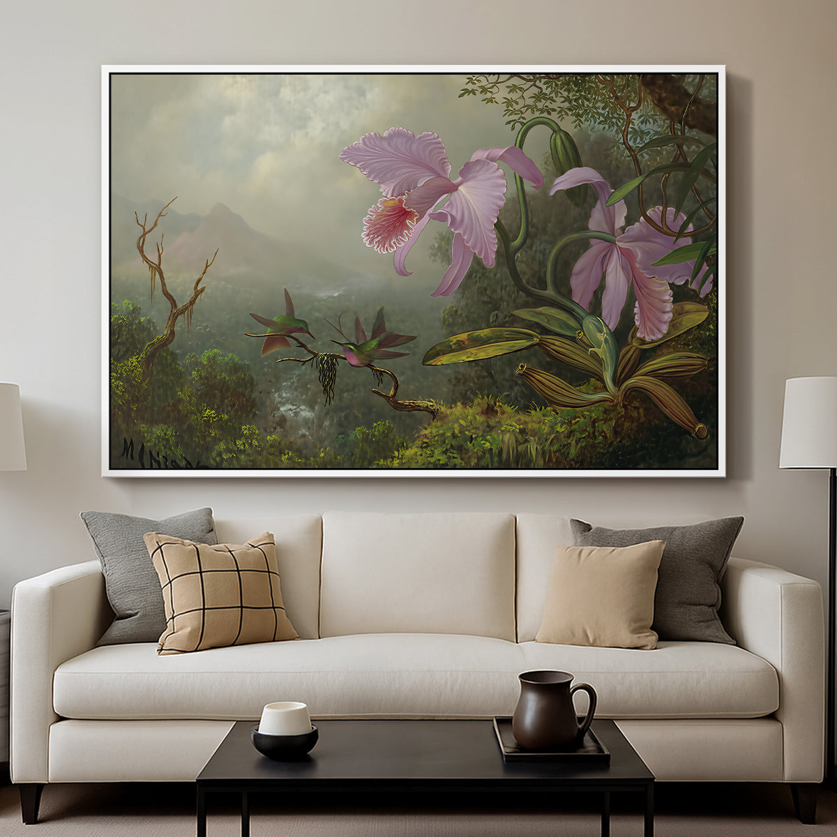 Two Sun Angel Hummingbirds on a Branch, c. 1890-1904 - Floater Framed Canvas Print