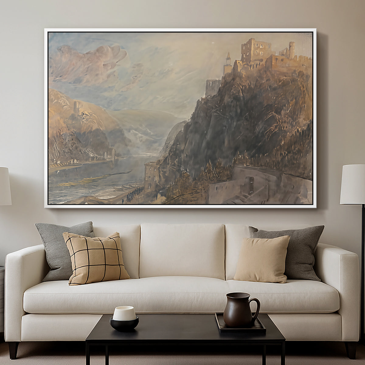 Rheinfels Looking to Katz and Gourhausen, 1817 - Floater Framed Canvas Print