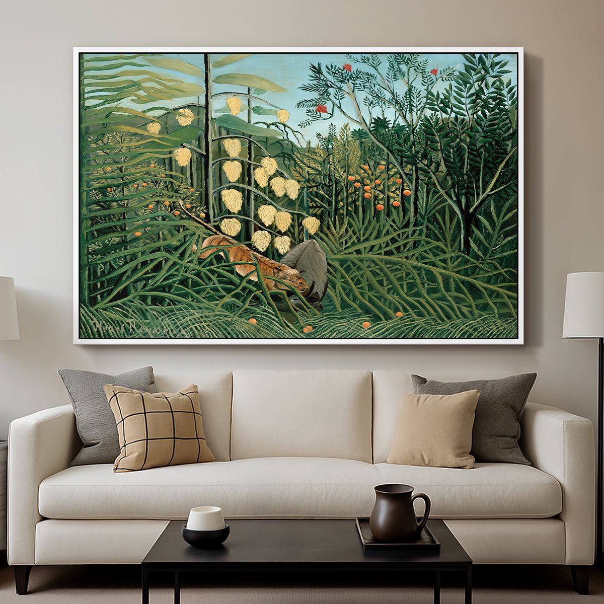 Fight Between a Tiger and a Buffalo, 1908 - Floater Framed Canvas Print