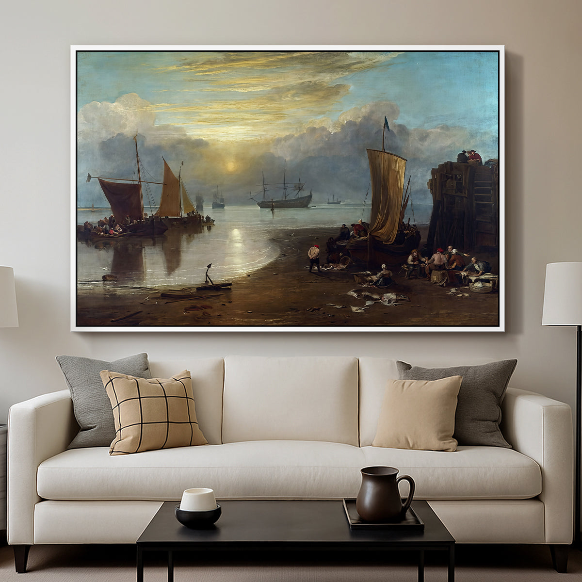 Sun Rising through Vapour: Fishermen Cleaning and Selling Fish, c. 1807 - Floater Framed Canvas Print