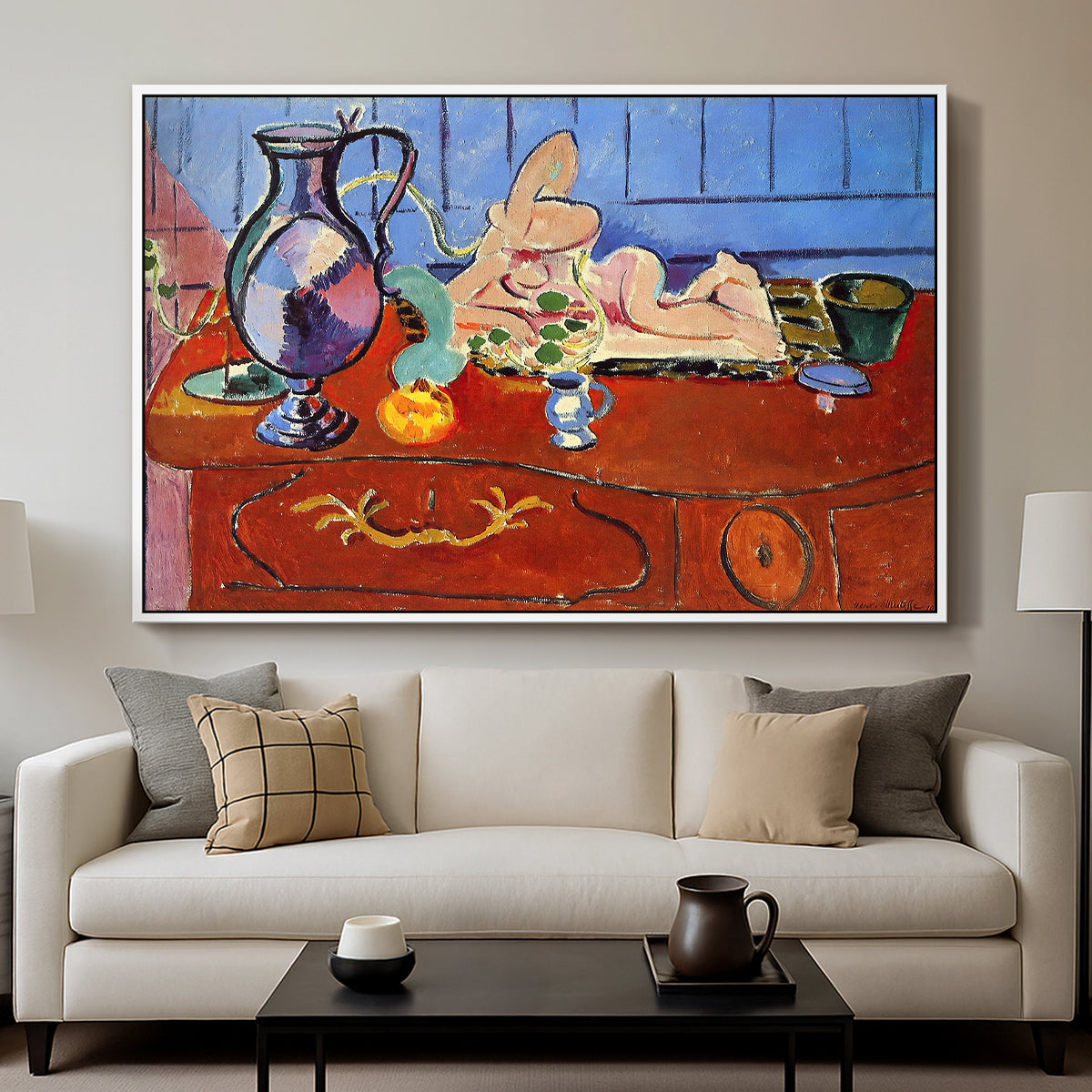 Still Life with a Pewter Jug and Pink Statuette, 1910 - Floater Framed Canvas Print