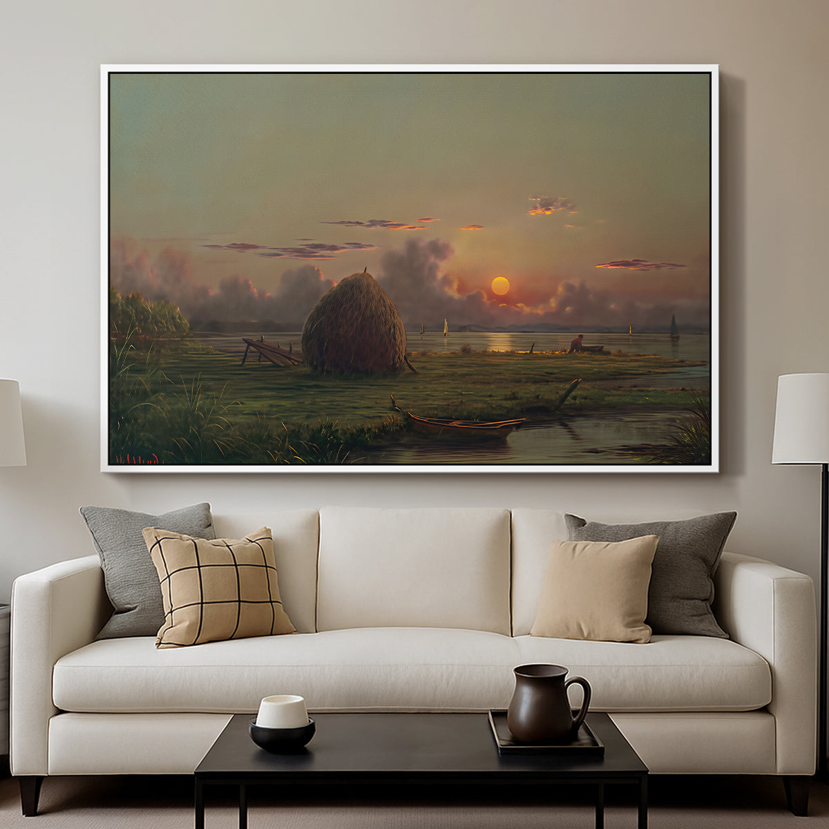 Haystack at Sunset, 1880 - Floater Framed Canvas Print