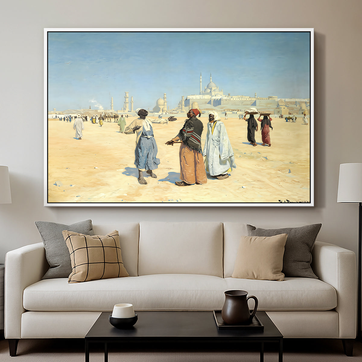 View from the Desert of Cairo with Citadel and Mamluk Tombs in the Background, c. 1889-1890 - Floater Framed Canvas Print