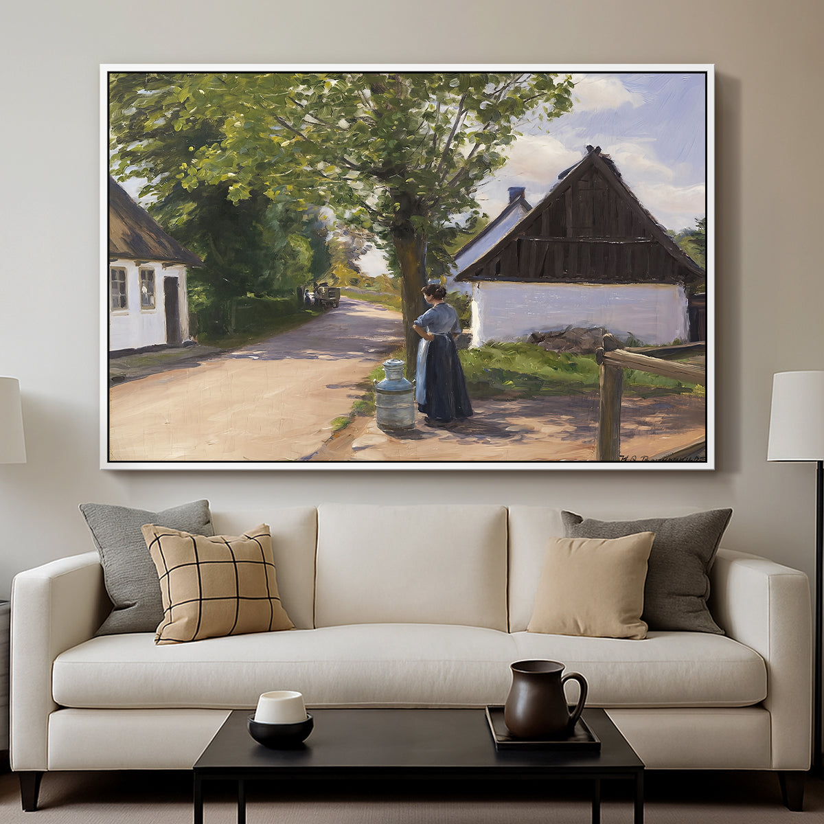 Danish Village Street with Woman and Milkman, 1880 - Floater Framed Canvas Print
