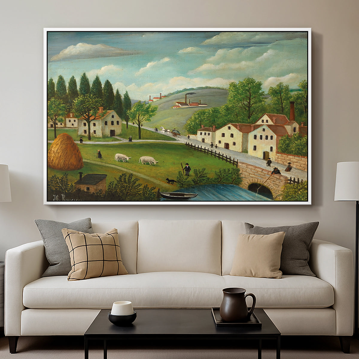Pastoral Landscape with Stream, Fisherman and Strollers, 1875-1880 - Floater Framed Canvas Print