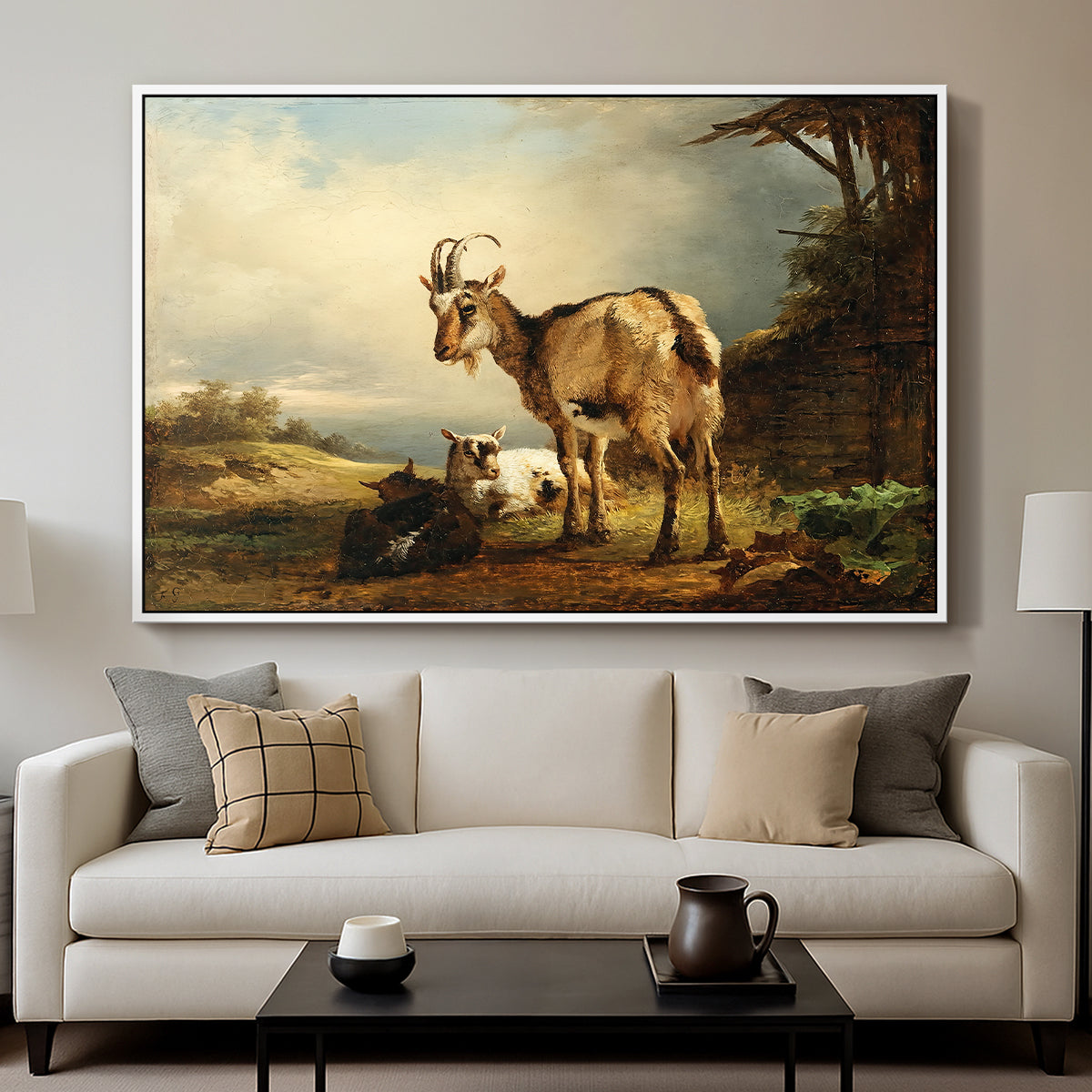 A Goat with Two Kids - Floater Framed Canvas Print