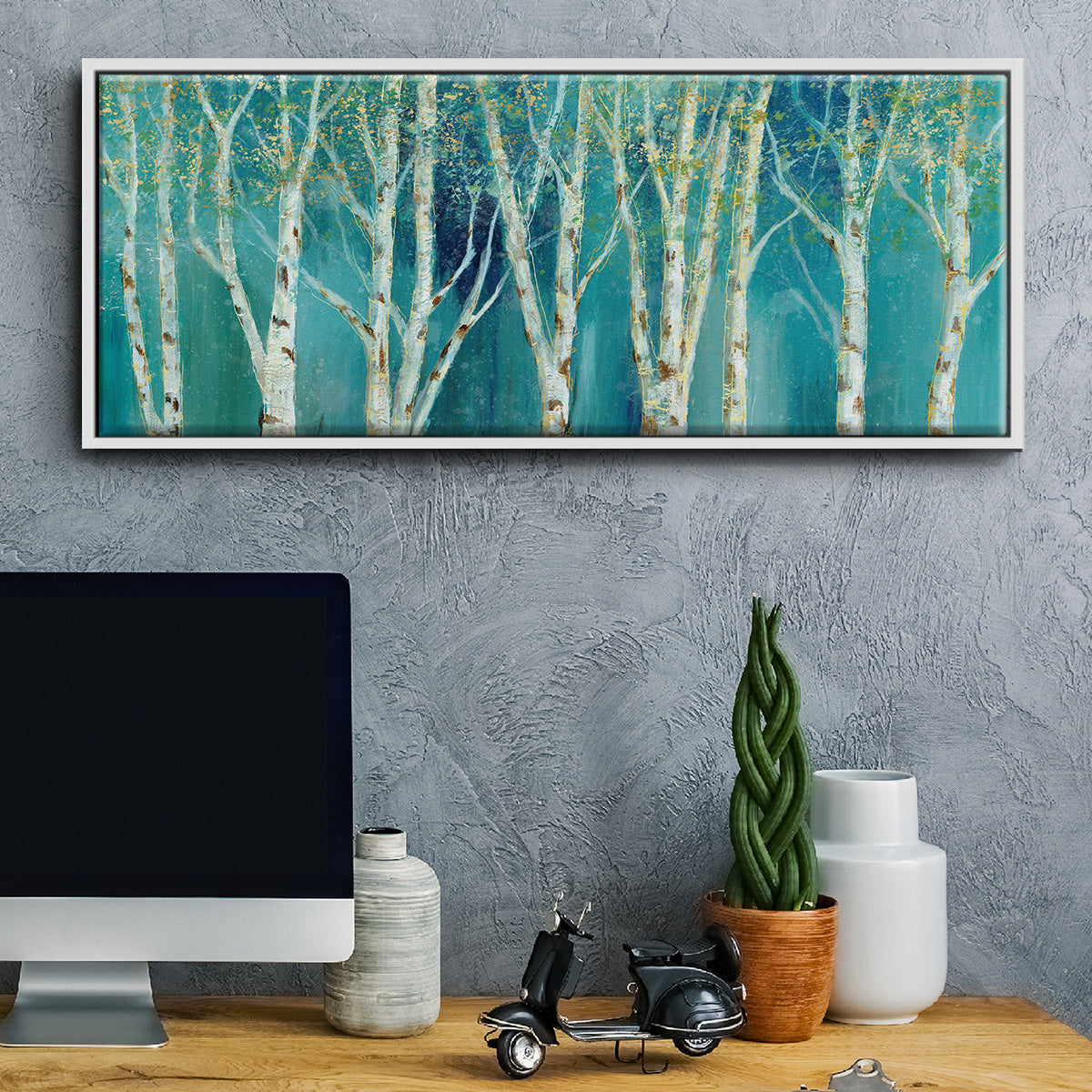 Birch on Blue - Floater Framed Canvas Print
