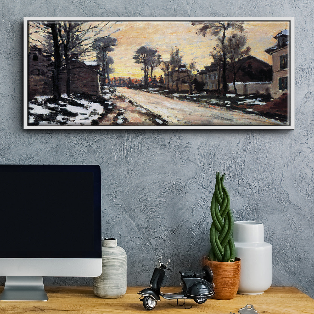 Road to Louveciennes, melting snow children, sunset by Monet - Floater Framed Canvas Print
