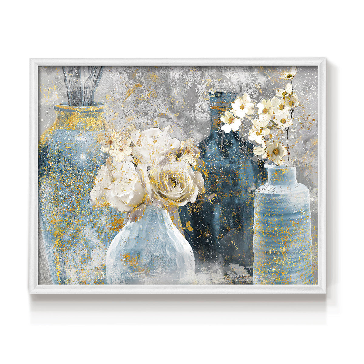 Vessels and Blooms Blues - Restickable Framed Art Print