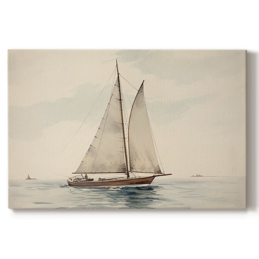 Sailboat gliding across calm waters under a cloudy sky during daytime in a coastal setting