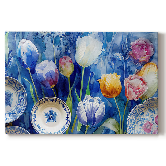tulips,flowers,plates,blue background,art,decoration,color,spring,floral arrangement,still life,vibrant,nature,ceramics,dining,garden,blossoms,painting,design,aesthetic,home decor,craftsmanship,pattern,botanical,springtime,elegant,petals,table setting,hand-painted,colorful,harmony,beauty,vivid,texture,freshness,visual art,flower arrangement,kitchenware,inspired decor,cultural significance