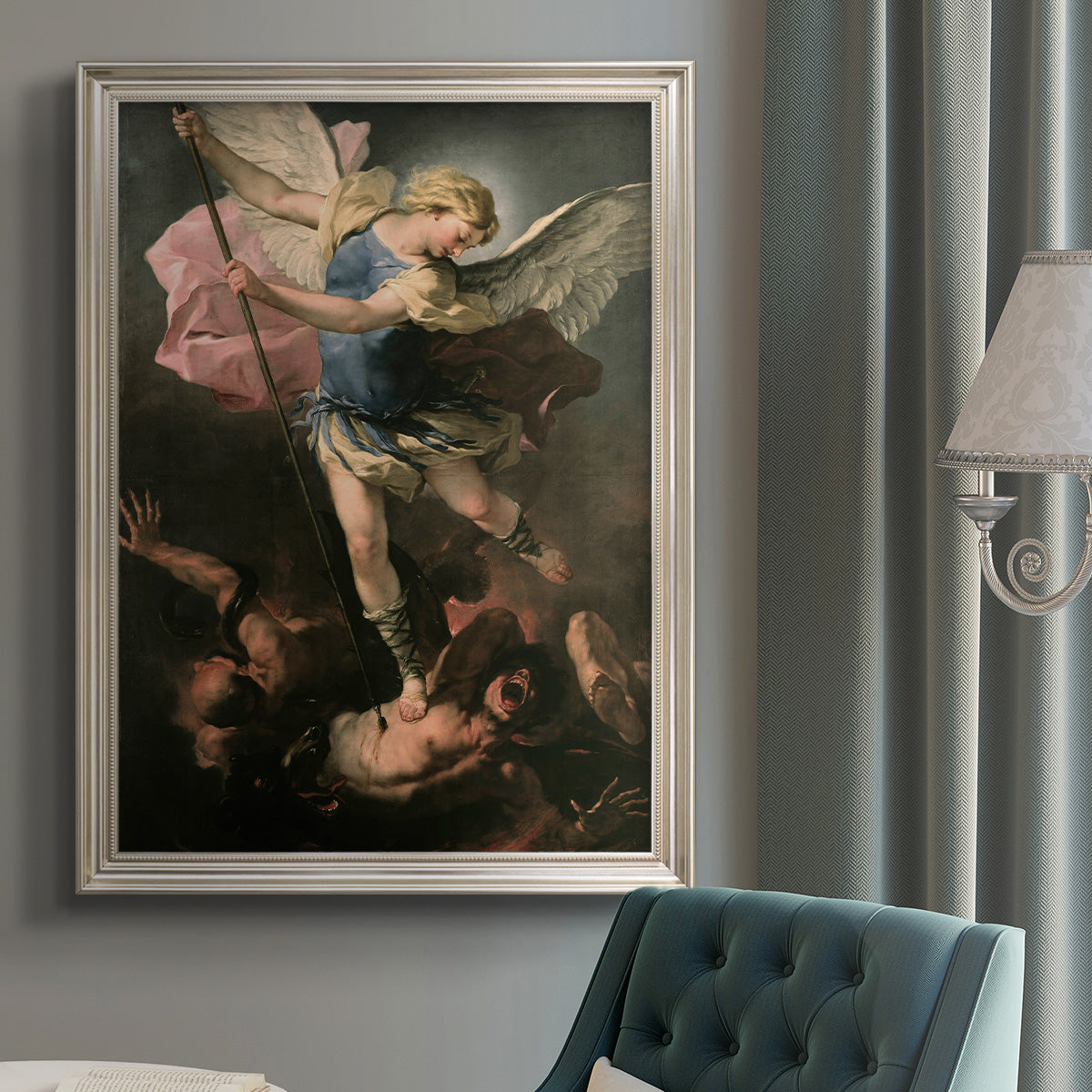Religious painting of Saint Michael the Archangel by Luca Giordano in an {frame_style_descriptor} displayed in a neutral interior setting.