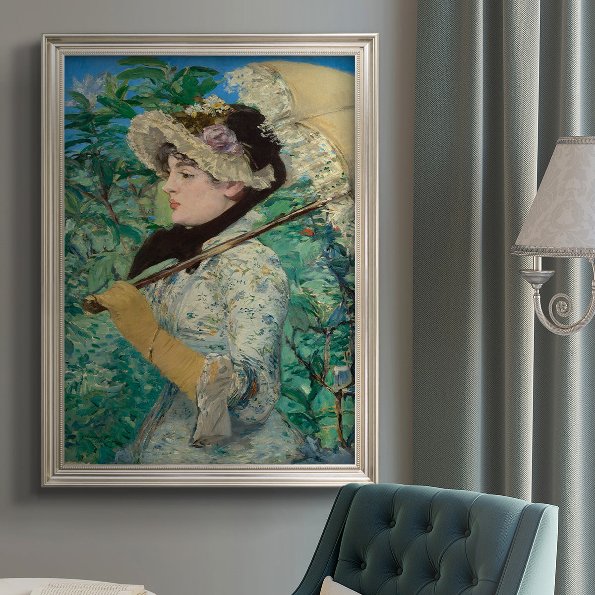 Impressionist portrait symbolizing spring by Édouard Manet in an {frame_style_descriptor} displayed in a neutral interior setting.