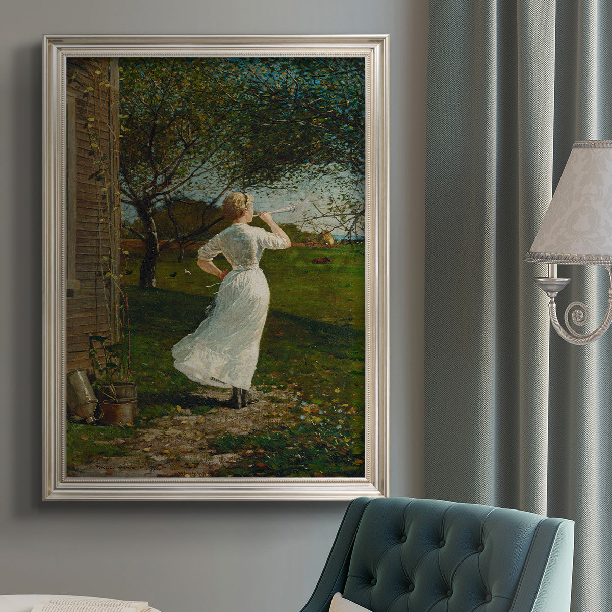 Narrative religious genre scene by Winslow Homer in an {frame_style_descriptor} displayed in a neutral interior setting.