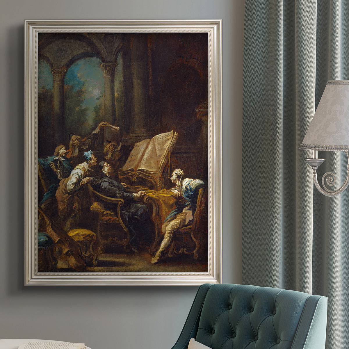 Religious interior scene with choir figures by Alessandro Magnasco in an {frame_style_descriptor} displayed in a neutral interior setting.
