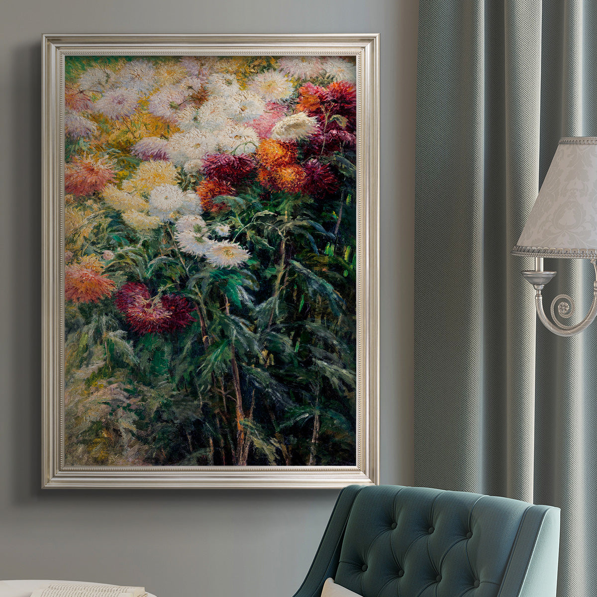 Impressionist garden floral painting by Gustave Caillebotte in an {frame_style_descriptor} displayed in a neutral interior setting.
