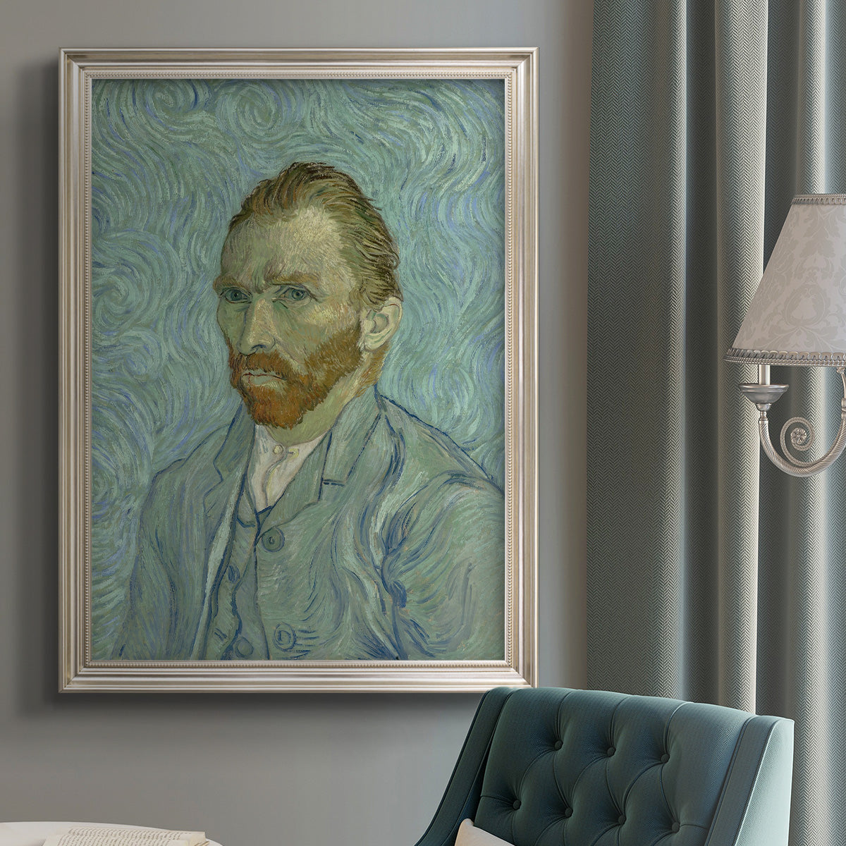 Late impressionist self-portrait by Vincent van Gogh in an {frame_style_descriptor} displayed in a neutral interior setting.