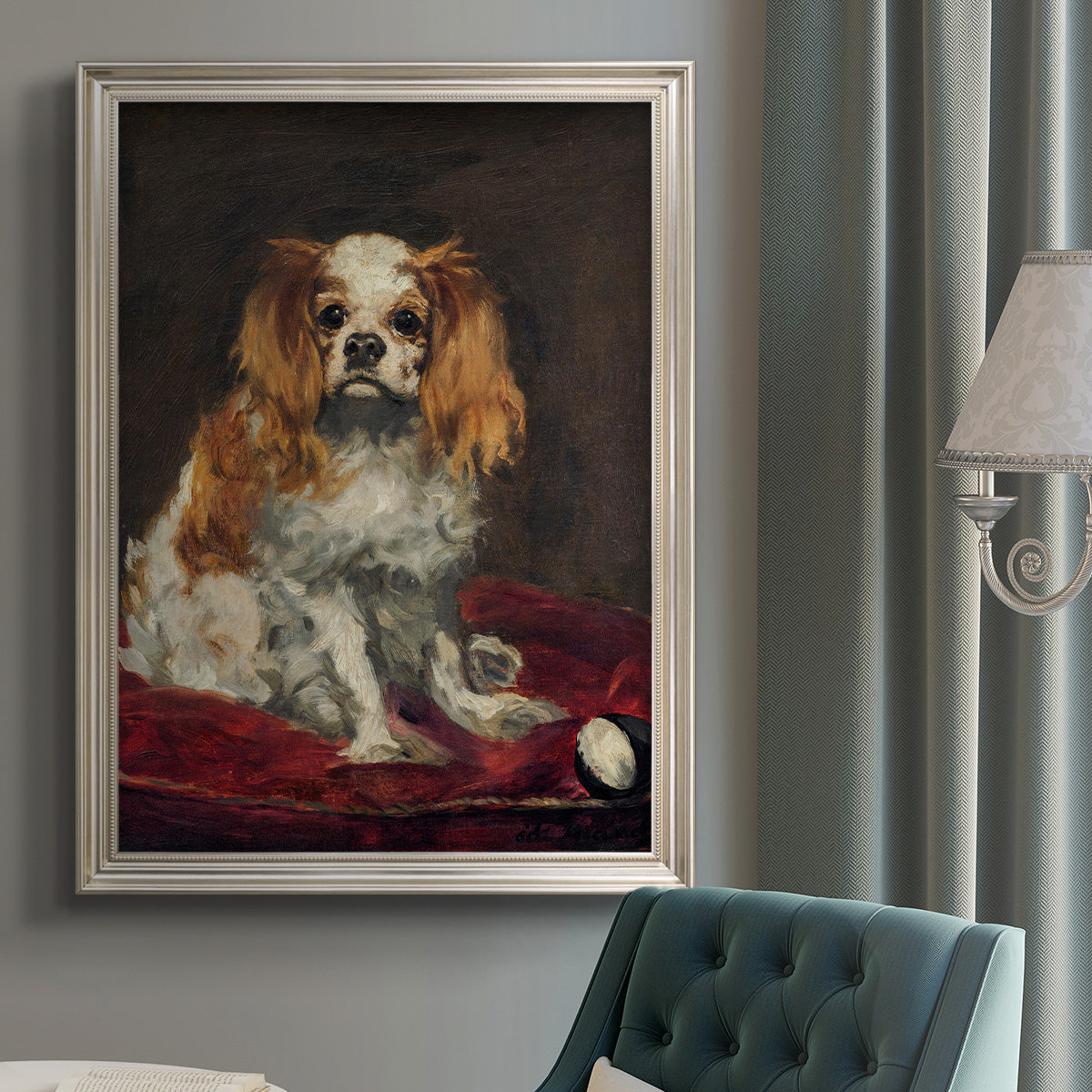 Impressionist dog portrait painting by Édouard Manet in an {frame_style_descriptor} displayed in a neutral interior setting.