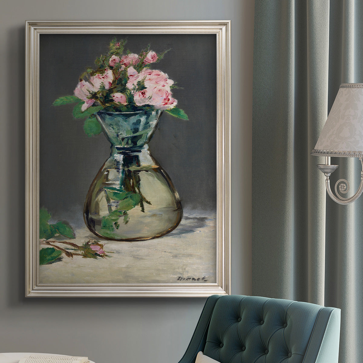 Impressionist floral still life painting by Édouard Manet in an {frame_style_descriptor} displayed in a neutral interior setting.