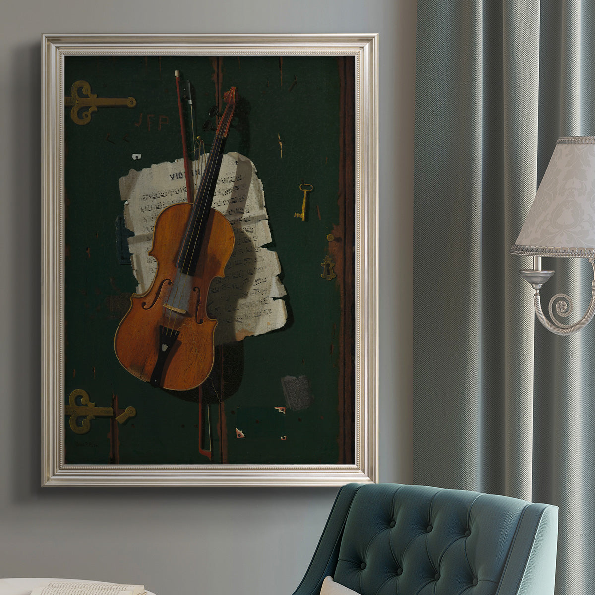 Contemporary still life of a violin by John Frederick Peto in an {frame_style_descriptor} displayed in a neutral interior setting.