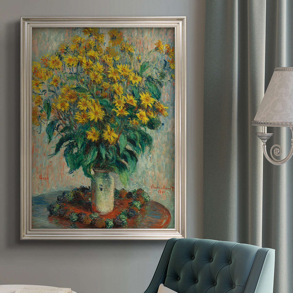 Impressionist floral painting of artichoke flowers by Claude Monet in an {frame_style_descriptor} displayed in a neutral interior setting.