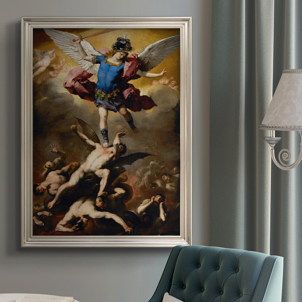 Dramatic religious painting of fallen angels by Luca Giordano in an {frame_style_descriptor} displayed in a neutral interior setting.