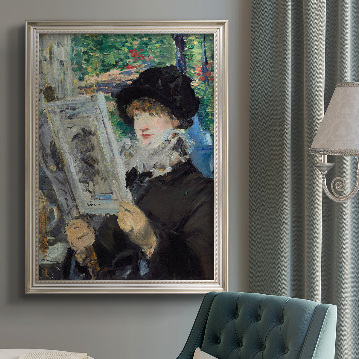 Impressionist portrait of a woman reading by Édouard Manet in an {frame_style_descriptor} displayed in a neutral interior setting.
