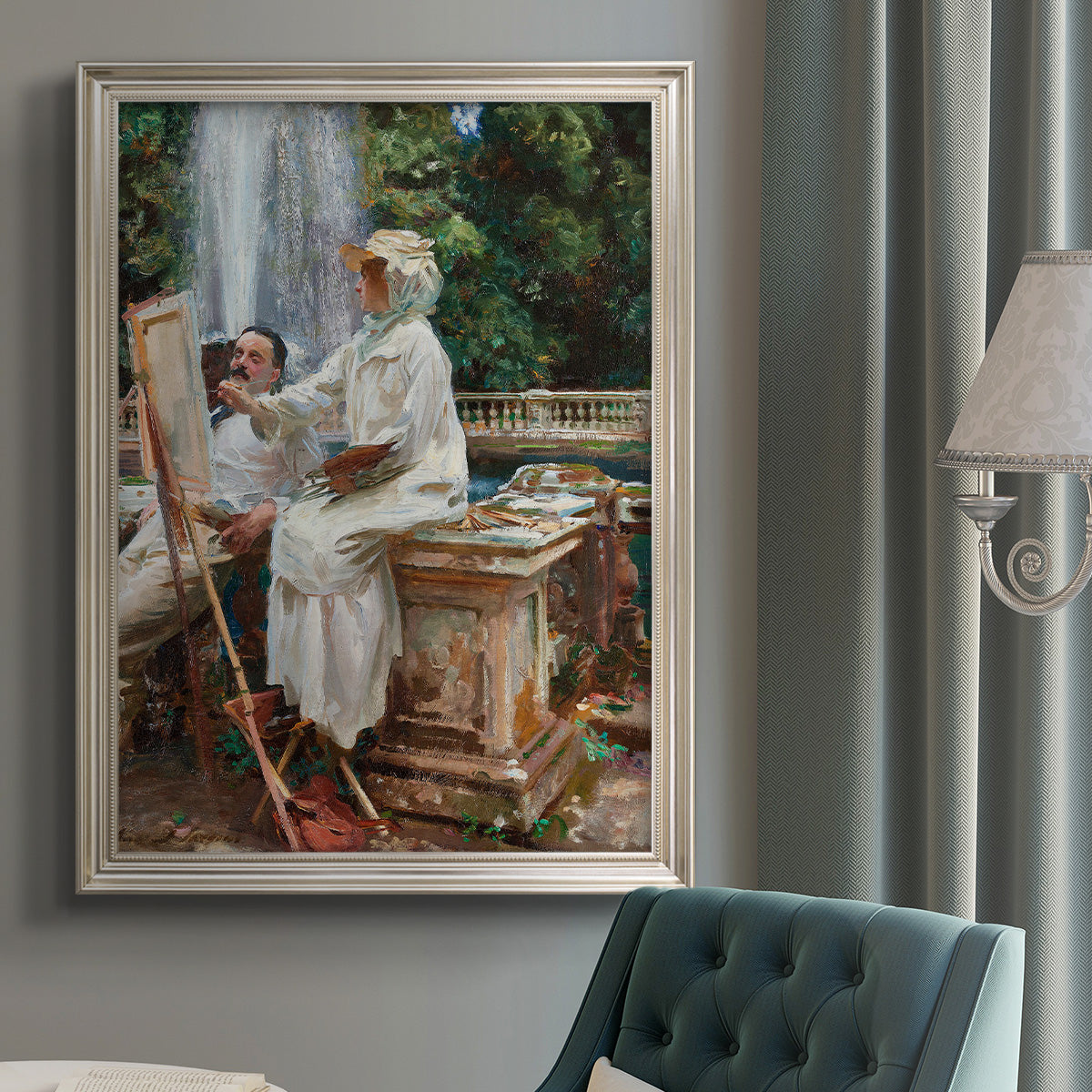 Impressionist garden and fountain scene by John Singer Sargent in an {frame_style_descriptor} displayed in a neutral interior setting.