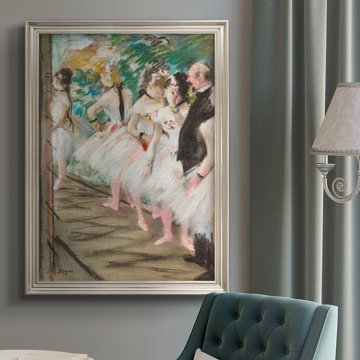 Impressionist ballet rehearsal scene by Edgar Degas in an {frame_style_descriptor} displayed in a neutral interior setting.