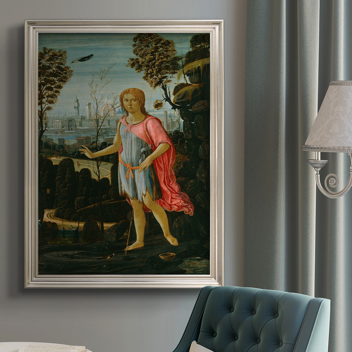 Classical religious portrait of Saint John the Baptist by Jacopo del Sellaio in an {frame_style_descriptor} displayed in a neutral interior setting.