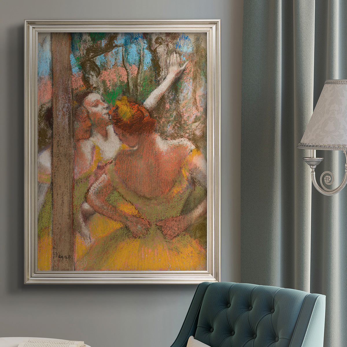 Impressionist ballet dancer composition by Edgar Degas in an {frame_style_descriptor} displayed in a neutral interior setting.