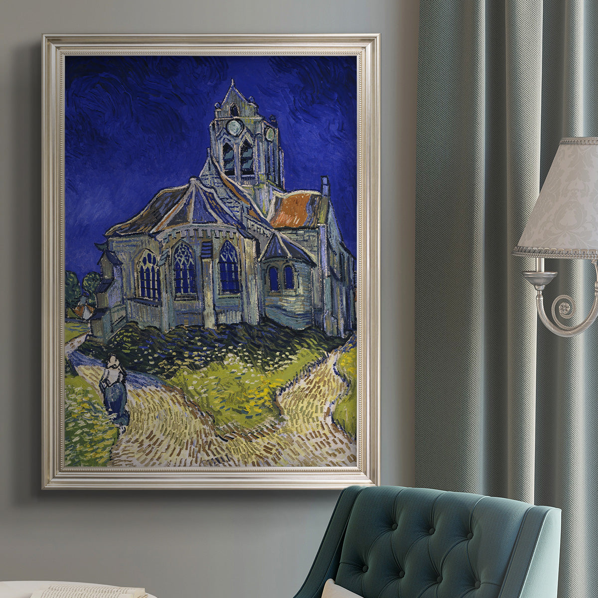 Expressionist church landscape painting by Vincent van Gogh in an {frame_style_descriptor} displayed in a neutral interior setting.