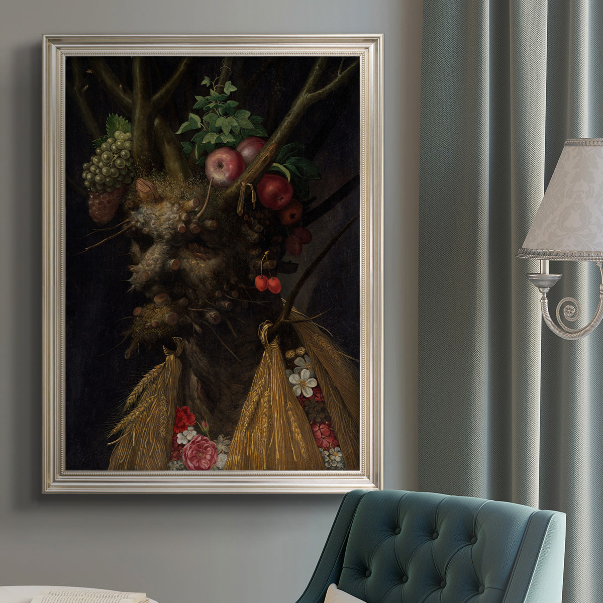 Surreal allegorical portrait representing the four seasons by Giuseppe Arcimboldo in an {frame_style_descriptor} displayed in a neutral interior setting.