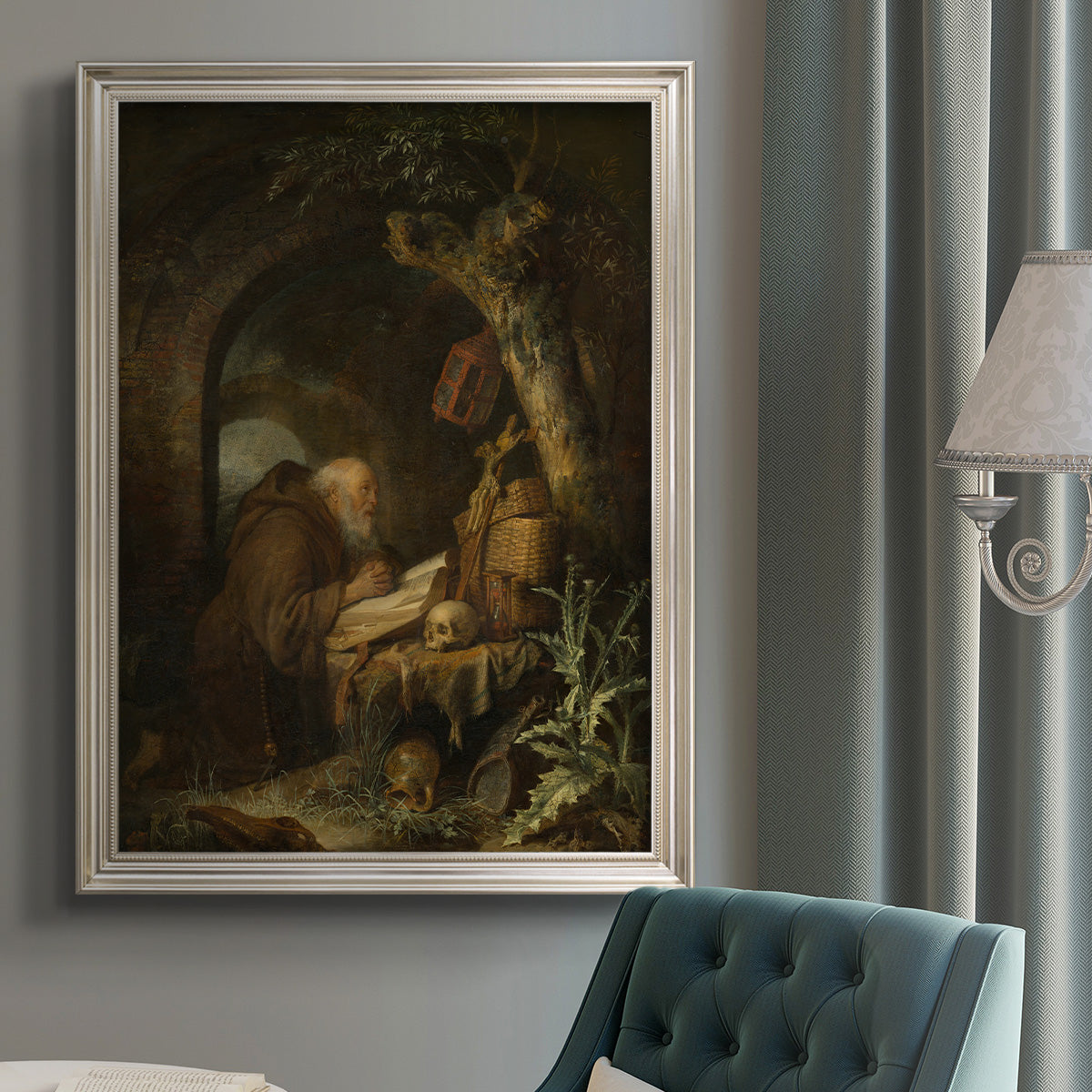 Intimate genre portrait of a hermit by Gerrit Dou in an {frame_style_descriptor} displayed in a neutral interior setting.