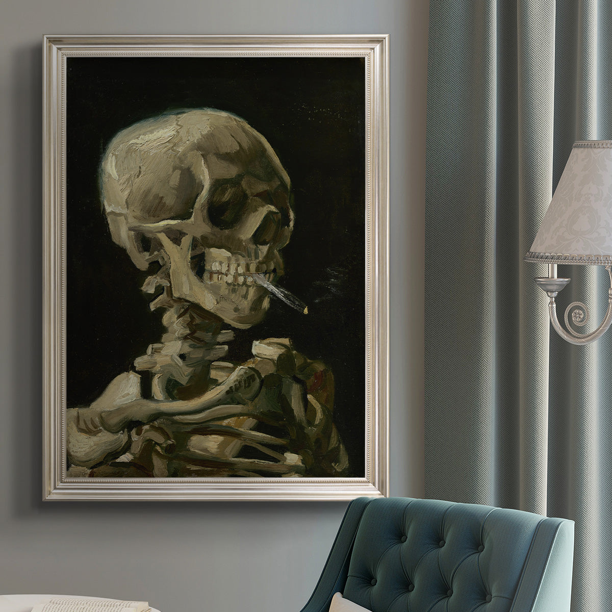Dark expressive skull study by Vincent van Gogh in an {frame_style_descriptor} displayed in a neutral interior setting.