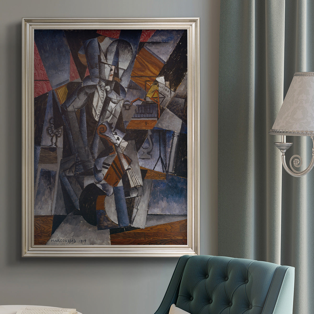 Modern abstract portrait of a musician by Louis Marcoussis in an {frame_style_descriptor} displayed in a neutral interior setting.