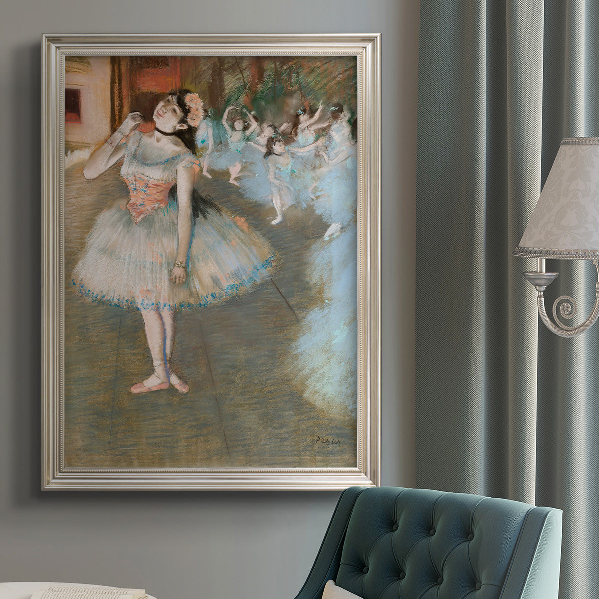 Impressionist ballet dancer scene by Edgar Degas in an {frame_style_descriptor} displayed in a neutral interior setting.