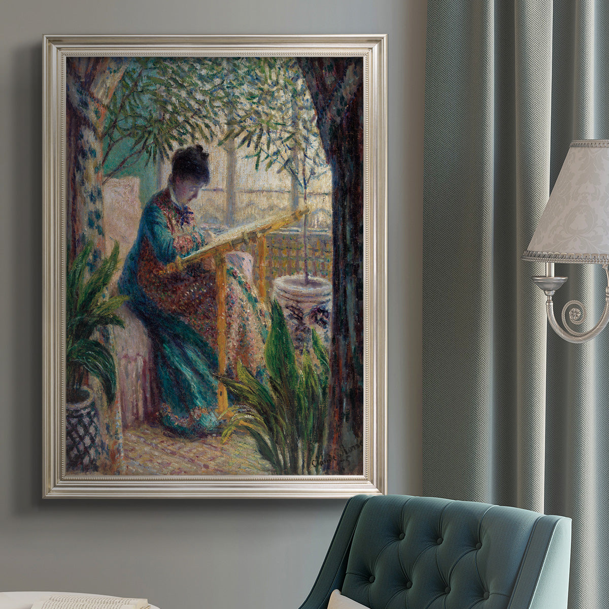Impressionist portrait of Madame Monet sewing by Claude Monet in an {frame_style_descriptor} displayed in a neutral interior setting.