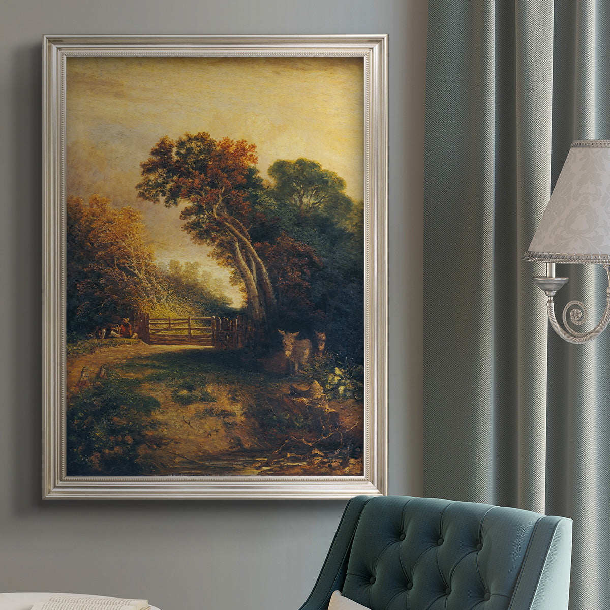 Pastoral landscape scene with figures and donkeys by Joseph Paul in an {frame_style_descriptor} displayed in a neutral interior setting.