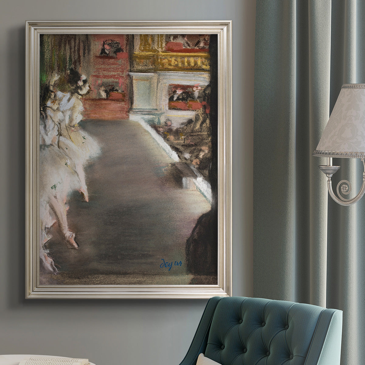 Impressionist painting of ballet dancers at the opera by Edgar Degas in an {frame_style_descriptor} displayed in a neutral interior setting.