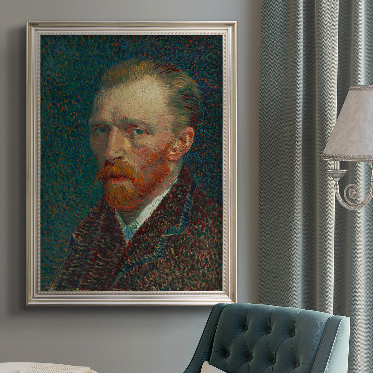 Impressionist self-portrait by Vincent van Gogh in an {frame_style_descriptor} displayed in a neutral interior setting.
