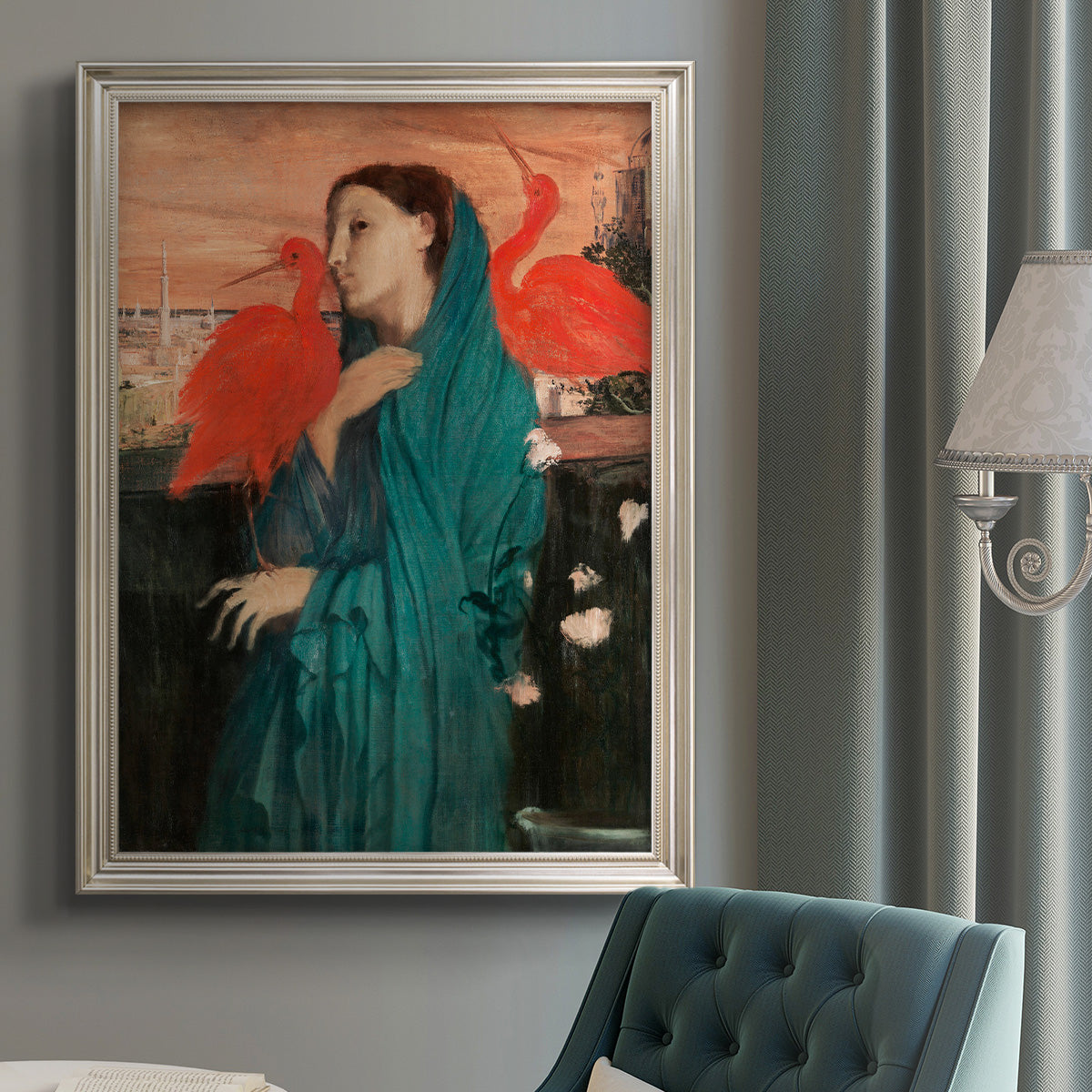 Impressionist portrait of a young woman with an ibis by Edgar Degas in an {frame_style_descriptor} displayed in a neutral interior setting.