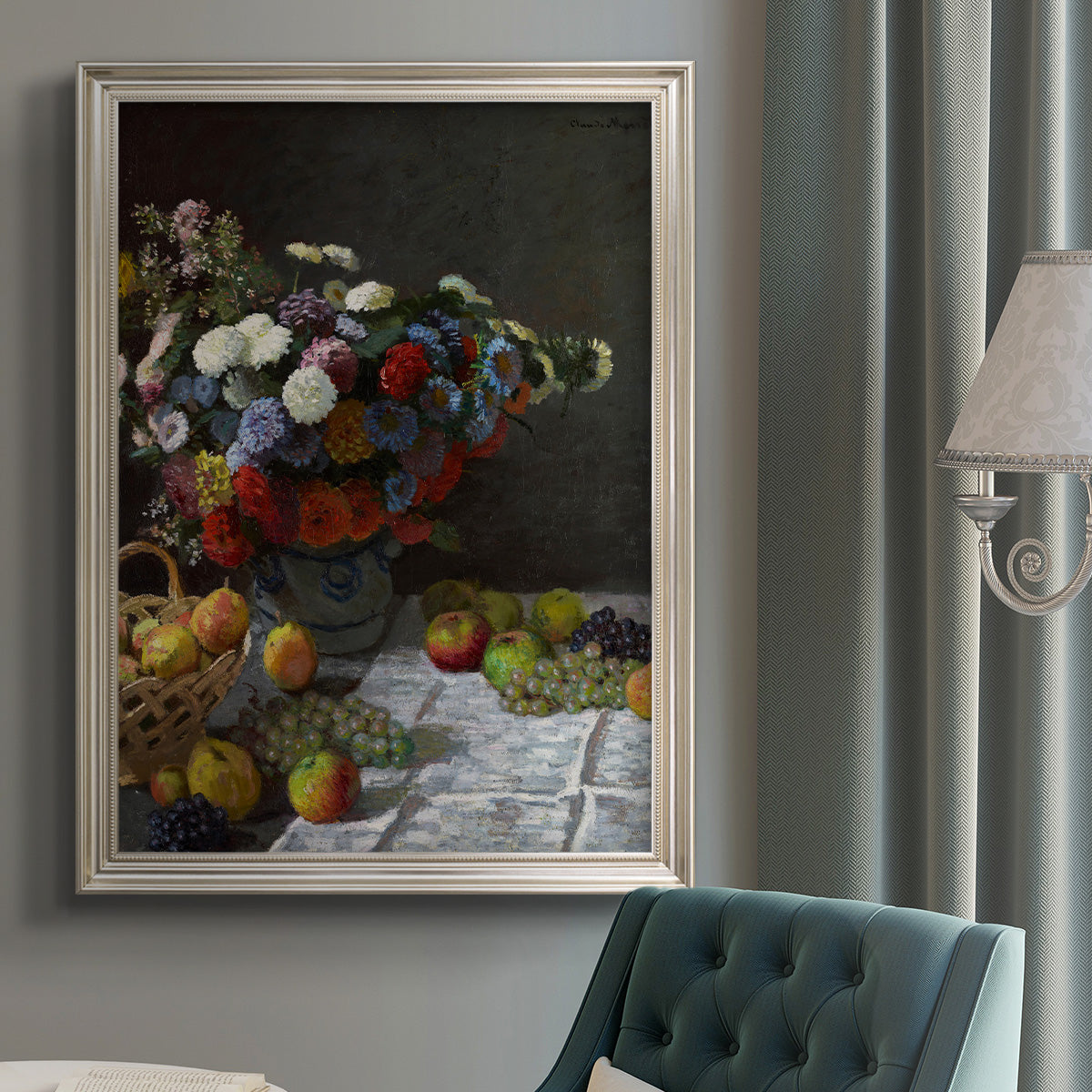 Impressionist floral still life painting by Claude Monet in an {frame_style_descriptor} displayed in a neutral interior setting.