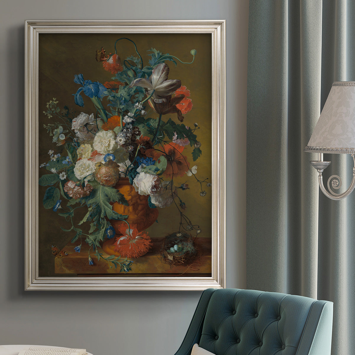 Classical floral still life with flowers in an urn by Jan van Huysum in an {frame_style_descriptor} displayed in a neutral interior setting.