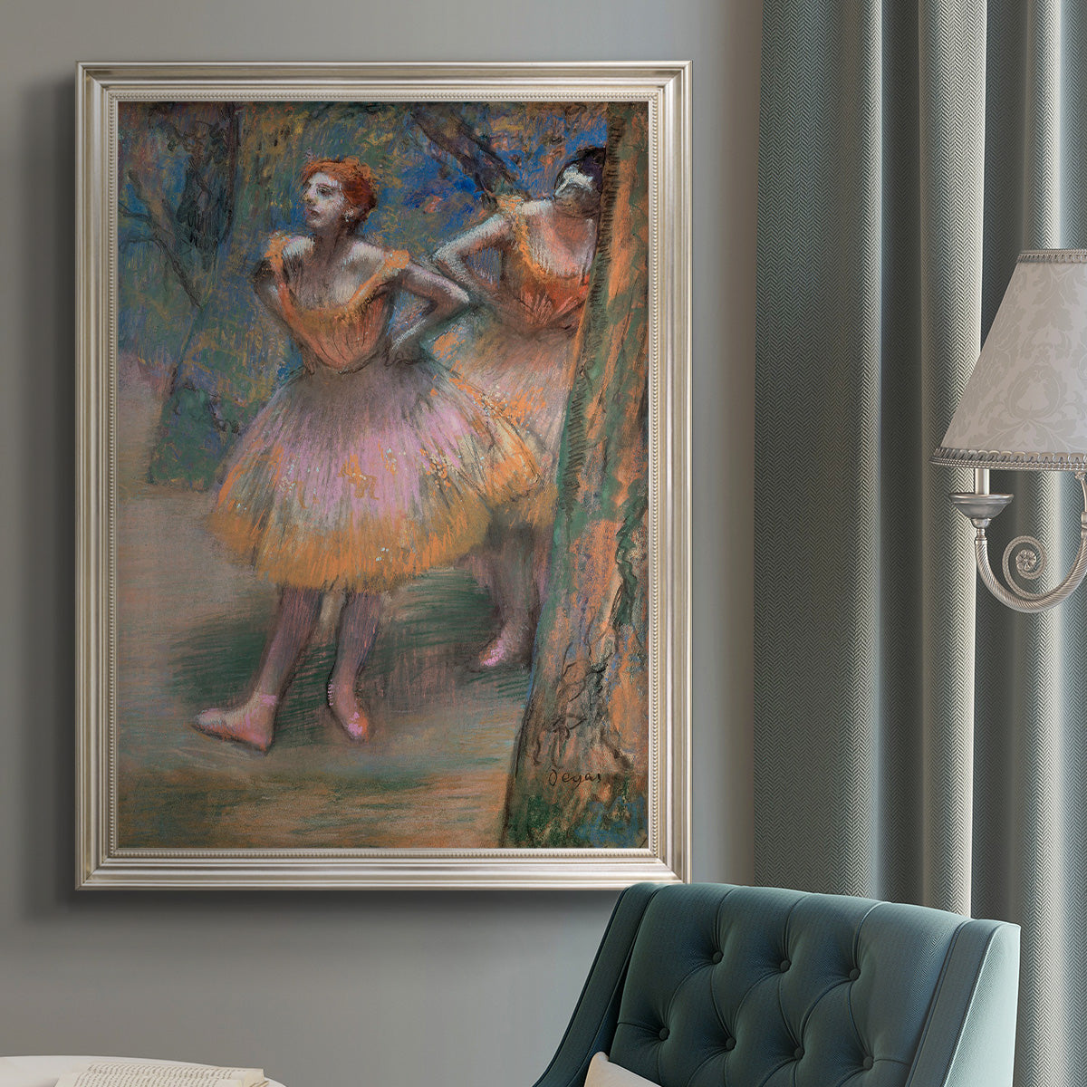 Impressionist ballet dancer scene by Edgar Degas in an {frame_style_descriptor} displayed in a neutral interior setting.