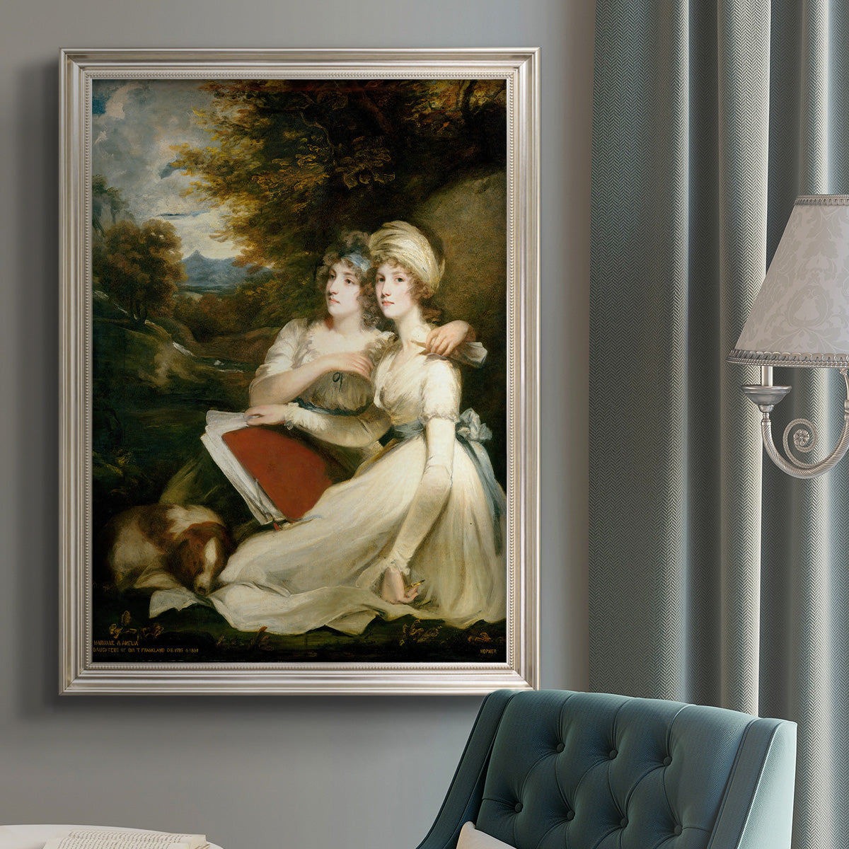 Classical portrait of the Frankland sisters by John Hoppner in an {frame_style_descriptor} displayed in a neutral interior setting.