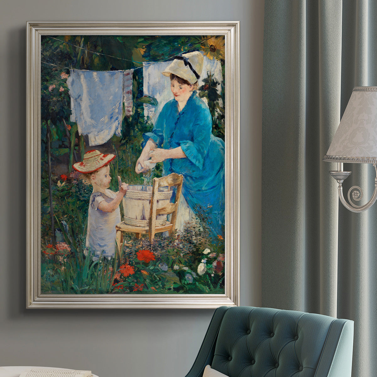 Intimate domestic genre scene by Édouard Manet in an {frame_style_descriptor} displayed in a neutral interior setting.