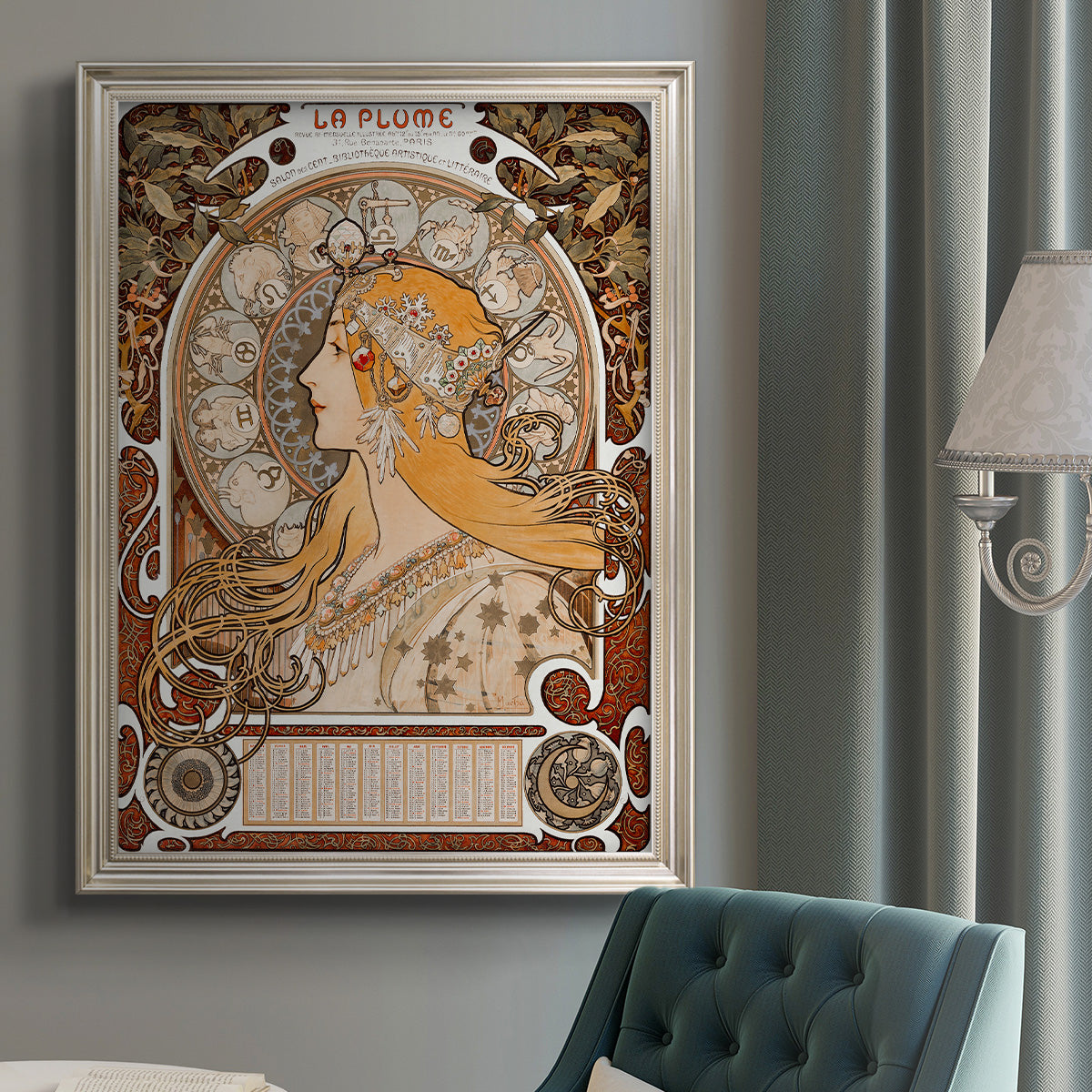 Art Nouveau allegorical zodiac illustration by Alphonse Mucha in an {frame_style_descriptor} displayed in a neutral interior setting.