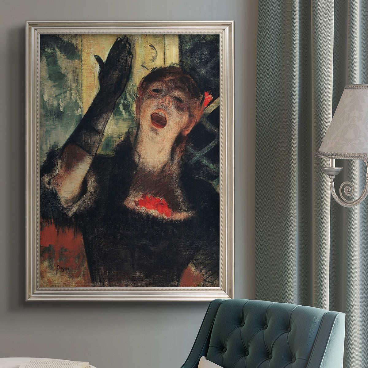 Impressionist portrait of a café singer by Edgar Degas in an {frame_style_descriptor} displayed in a neutral interior setting.
